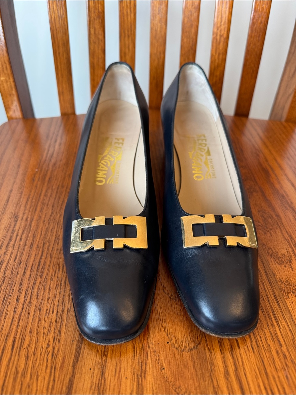 Ferragamo Navy Blue Leather Heels with Gold Buckle Accent - Picture 2 of 7